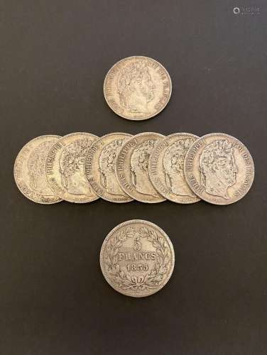 FRANCE<br />
Lot de huit pièces de 5 francs Louis-Philippe e...