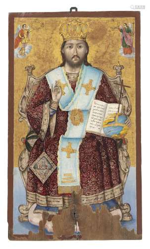 Christ Pantocrator trônant, icône sur panneau, Grèce XIXe s....