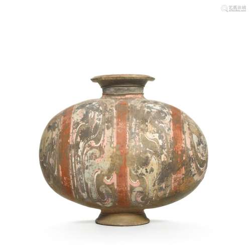 A painted pottery `cocoon` jar, Han dynasty | 漢 彩繪繭形陶壺