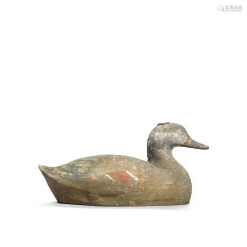 A painted grey pottery duck, Han Dynasty | 漢 彩繪陶鴨