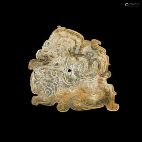 A mottled greyish-green and buff jade plaque, Western Zhou d...