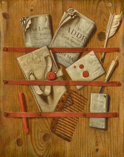 A trompe l’œil of newspapers, letters and writing implements...