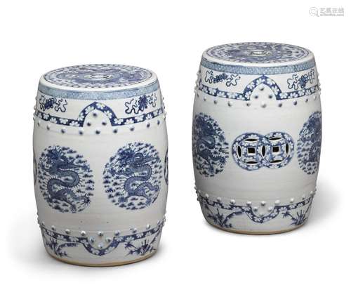 A pair of blue and white barrel-form garden stools, 20th cen...