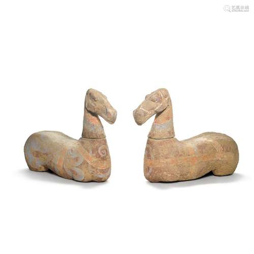 A pair of painted pottery horses, Han dynasty | 漢 彩繪陶馬一...