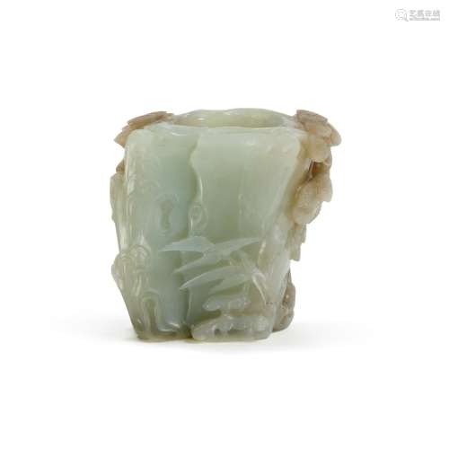 A jade brushpot, 17th/18th century | 十七/十八世紀 玉雕松竹靈...