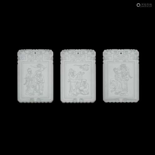 Three inscribed white jade plaques | 白玉牌一組三件 《子岡》款
