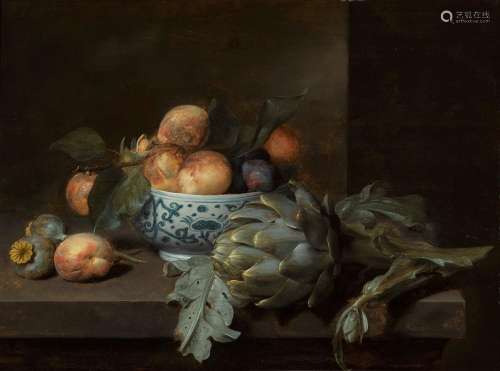 Still life of peaches, apricots and other fruit in a Chinese...