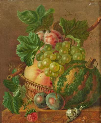 A still life of plums, peaches and grapes in a basket, with ...