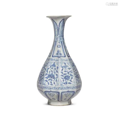 A blue and white faceted vase, Yuan dynasty | 元 青花花卉紋八...