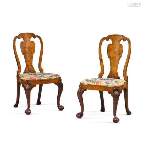 A pair of George II carved walnut and burr walnut veneered s...