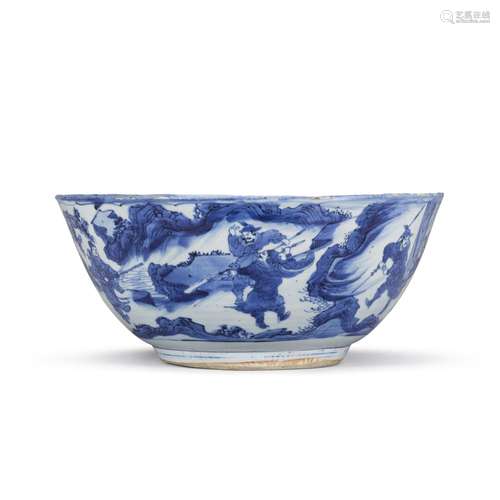 A large blue and white Kraak `figural` bowl, Ming dynasty, 1...