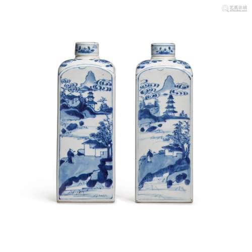 A pair of blue and white square-form bottles and covers, Qin...