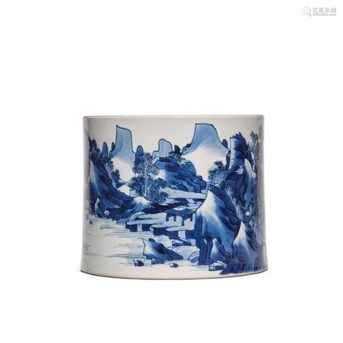 A blue and white brushpot, Qing dynasty, Kangxi period | 清康...