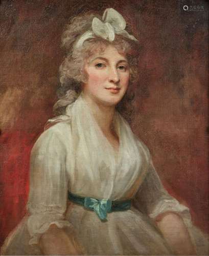 Portrait of Miss Forbes, half-length, wearing a white dress ...