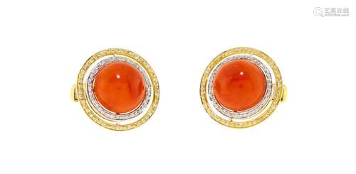 Paire de boutons de manchette 2 ors 750 sertis de corail tai...