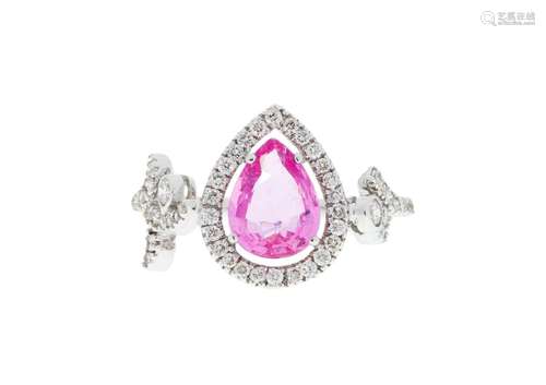 Bague or gris 750 sertie d’un saphir rose taille goutte et d...