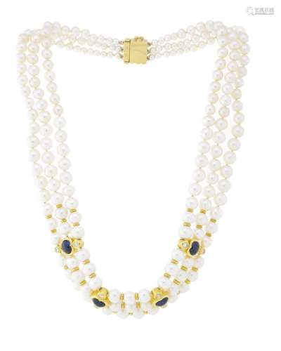 Collier 3 rangs de perles de culture blanches en chute, ferm...