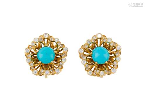 Paire de clips d`oreilles fleurs or 750 sertis de diamants t...