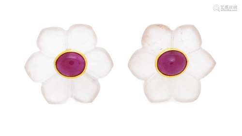 Paire de boucles d`oreilles fleurs or 750 et cristal de roch...