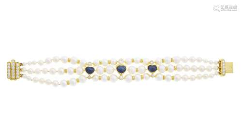 Bracelet 3 rangs de perles de culture blanches en chute, fer...