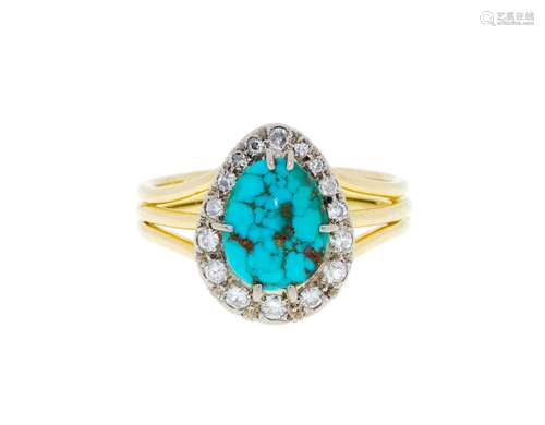 Bague 2 ors 750 ornée d`une turquoise entourée de diamants t...