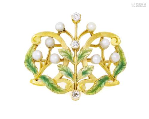 Broche XIXe s., or et émail vert à décor de feuillage avec b...