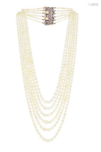 Collier multi rangs de perles de culture blanches en chute, ...