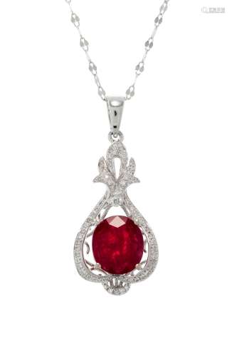 Pendentif or gris 750 serti d`un rubis taille ovale de 2.29 ...