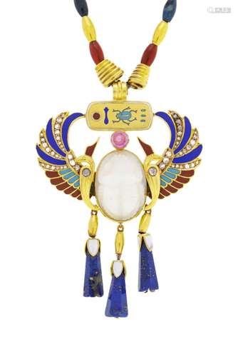 Pendentif d`inspiration Egypte antique en or 585 et émail po...