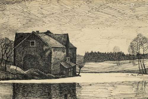 Franz Lenk Haus in Landschaft. 1921. Federzeichnung auf Véli...