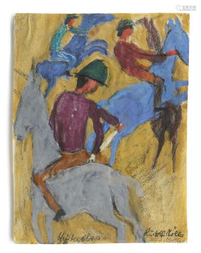 Rudolf Möller Gruppe von 3 Reitern. Gouache über Kreide auf ...