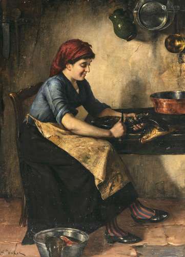 Nicholas Vokos - Maid in the kitchen scaling a fish