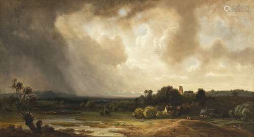 Eduard Schleich, the Elder - River landscape in stormy atmos...