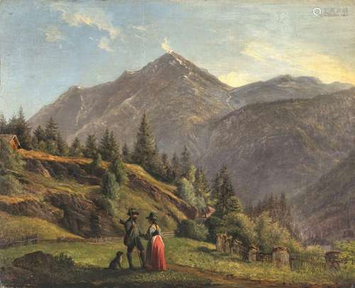 Emil Ludwig Löhr - Mountain landscape with hunter and woman ...