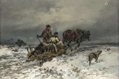 Tadeusz Rybkowski - Hunters with sleigh in a winter landscap...