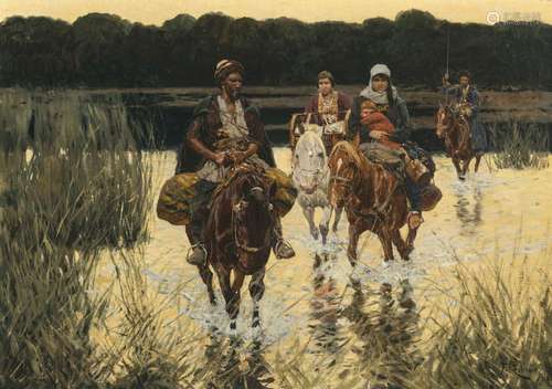 Franz Roubaud - Cossacks on horseback crossing a river