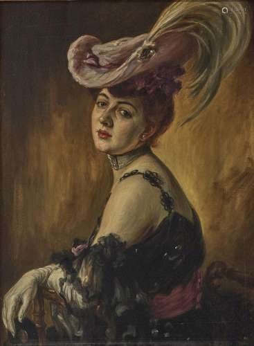 Karl Gampenrieder - Portrait of a lady wearing a feather hat