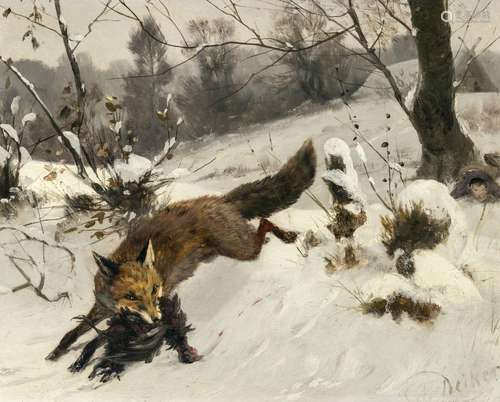 Carl Friedrich Deiker - Fox with prey in a winter landscape