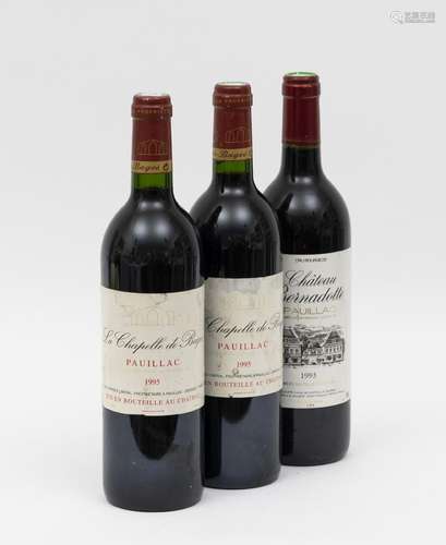 PAUILLAC - 3 bouteilles : 2 LA CHAPELLE DE BAGES 1995 Pauill...