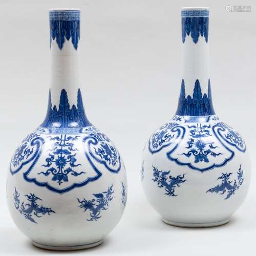 Large Pair of Chinese Blue and White Porcelain Bottle Vases