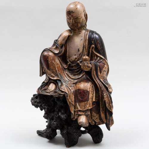 Japanese Lacquered Wood Sculpture of Jizo on a Rootwood Stan...