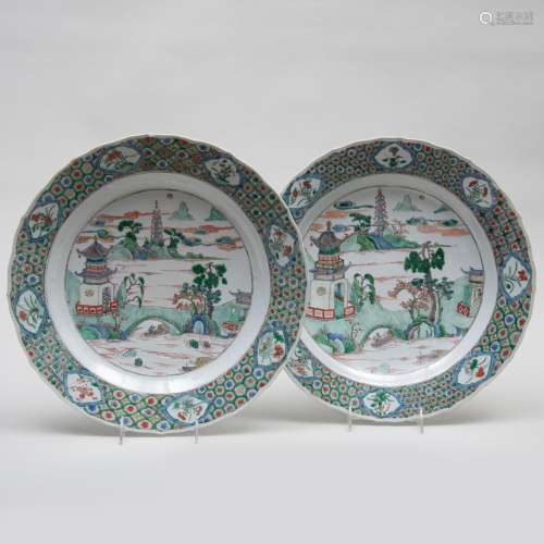 Pair of Famille Verte Porcelain Chargers with River Landscap...