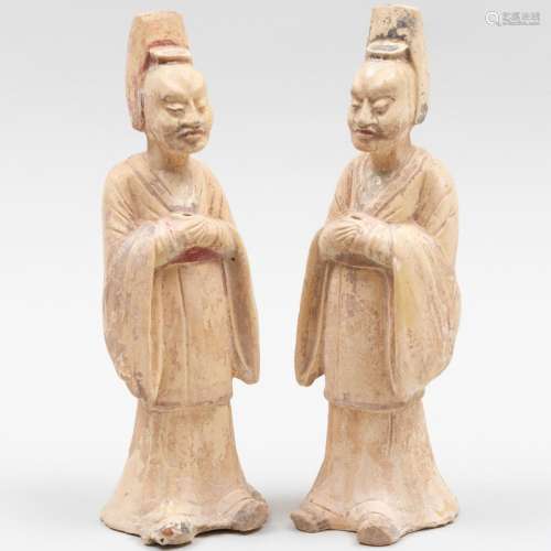 Pair of Chinese Straw Glazed Pottery Figures of Standing Off...