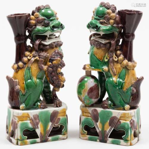 Pair of Chinese Green, Aubergine and Ochre Glazed Porcelain ...