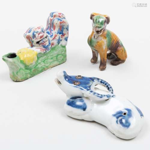 Chinese Sancai Glazed Miniature Hound and Two Animal Form Po...