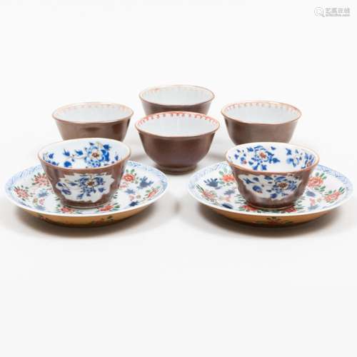 Group of Six Café-au-Lait Ground Teabowls and Two Saucers