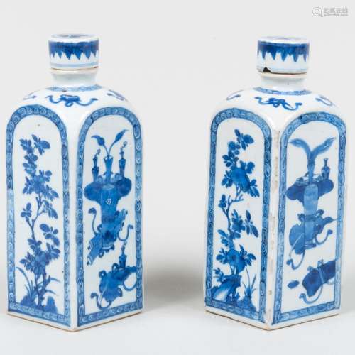 Small Pair of Chinese Blue and White Porcelain Square Bottle...