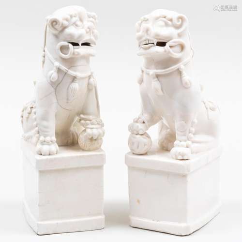 Two Chinese Blanc-de-Chine Buddhistic Lion Joss Stick Holder...