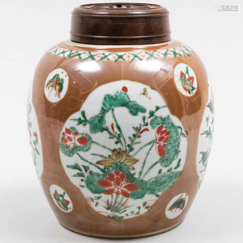 Chinese Café au Lait Ground Porcelain Ginger Jar and a Wood ...