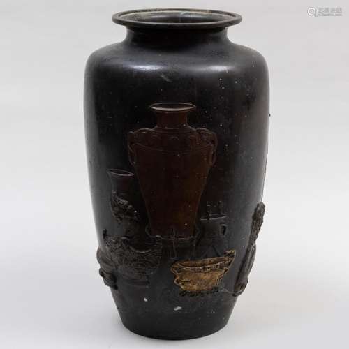 Large Japanese Bronze Vase Decorated with Inlaid Guardian Fi...